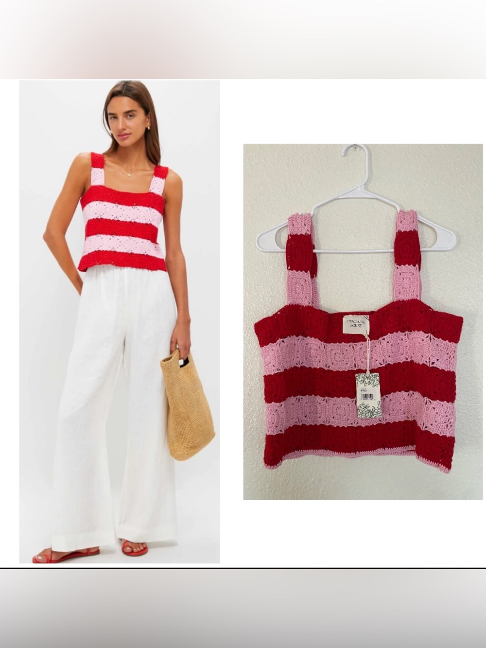 NWT Tuckernuck Hyacinth House Pink & Red striped Crochet Cooper Tank Top